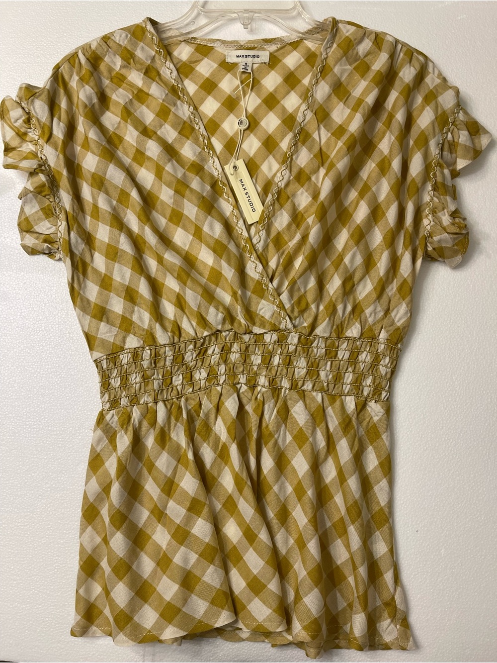 Max Studio Yellow & White Gingham Smocked Waist Blouse